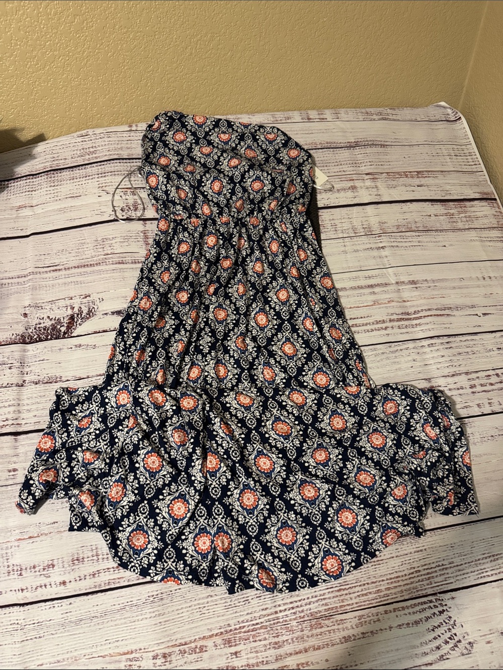 French Grey Navy Dress with Coral Medallion Print